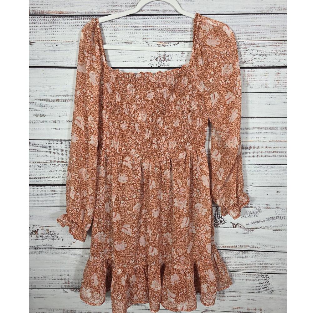 As U Wish Women's Floral Mini Dress Long Sleeve Smocked Cottagecore Size L